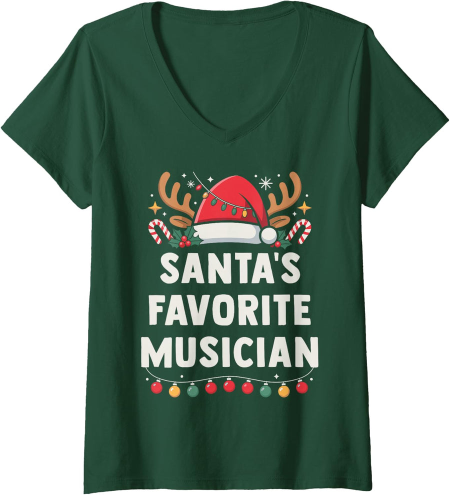 Women's Santa's Favorite Musician Xmas Concert Holiday Recital V-Neck T-Shirt - Dark Green