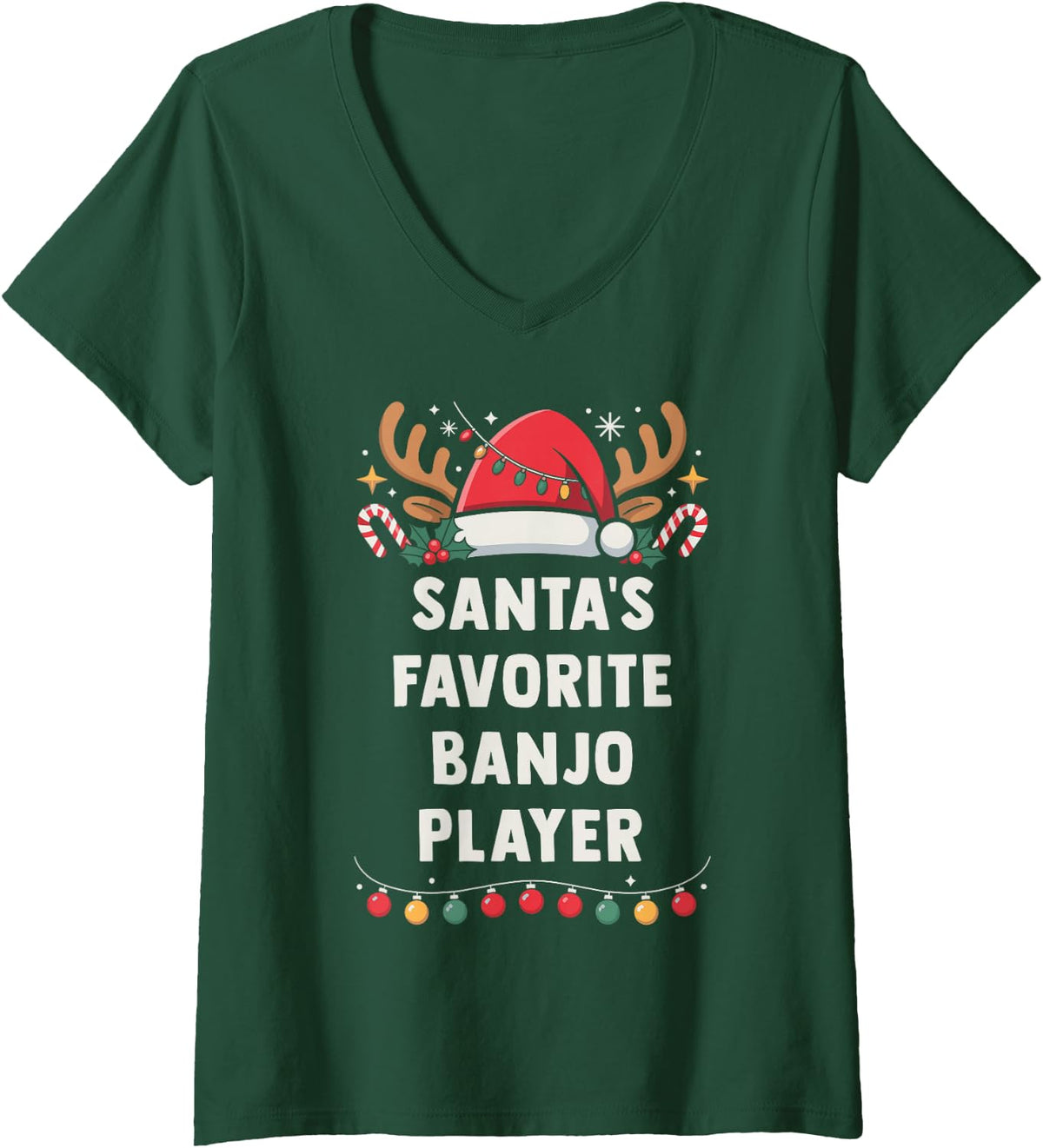 Women's Santa's Favorite Banjo Player Christmas Concert Band Squad V-Neck T-Shirt - Dark Green