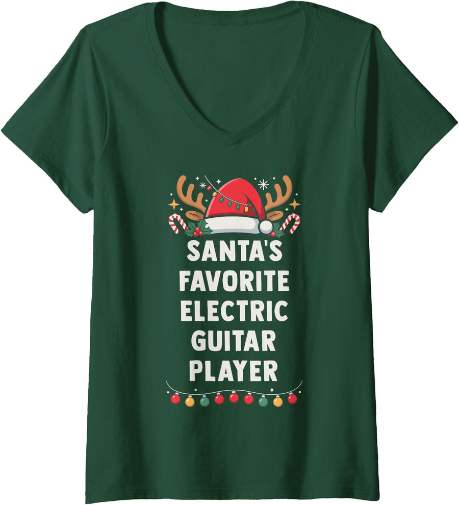 Women's Santa's Favorite Electric Guitar Player Holiday Concert V-Neck T-Shirt - Dark Green