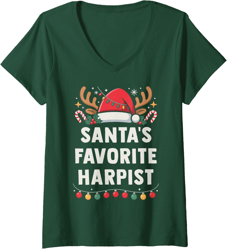 Women's Christmas Concert Santa's Favorite Harpist Holiday Recital V-Neck T-Shirt - Dark Green