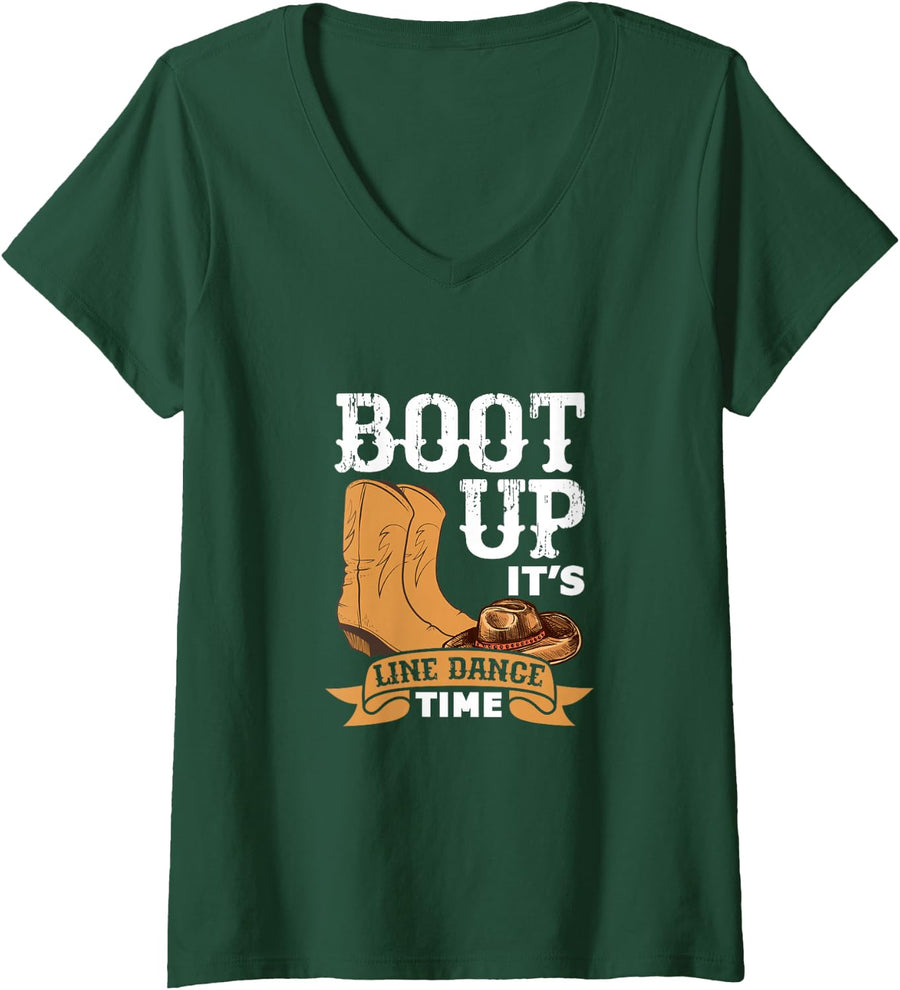 Women's Boot Up It's Line Dance Cowboy Cowgirl Line Dance V-Neck T-Shirt - Dark Green