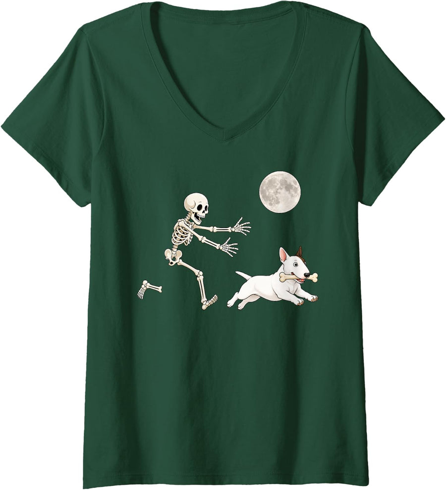 Women's Bull Terrier Running Skeleton Retro Halloween Dog V-Neck T-Shirt - Dark Green