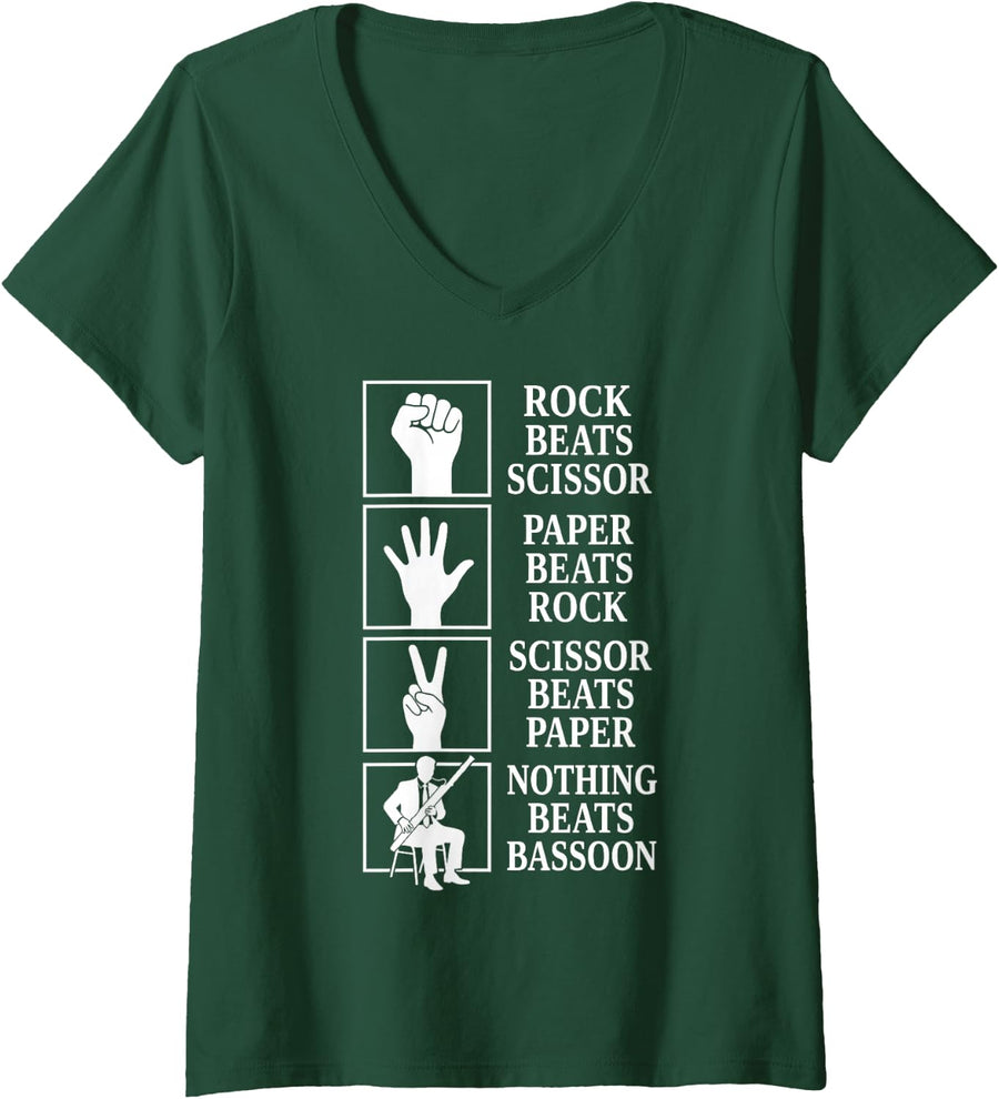 Women's Nothing Beats Bassoon Rock Paper Scissors Funny Bassoonist V-Neck T-Shirt - Dark Green