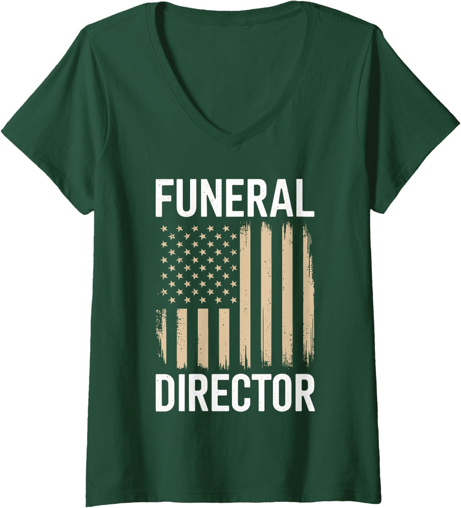 Women's Funeral Director American Flag Vintage V-Neck T-Shirt - Dark Green