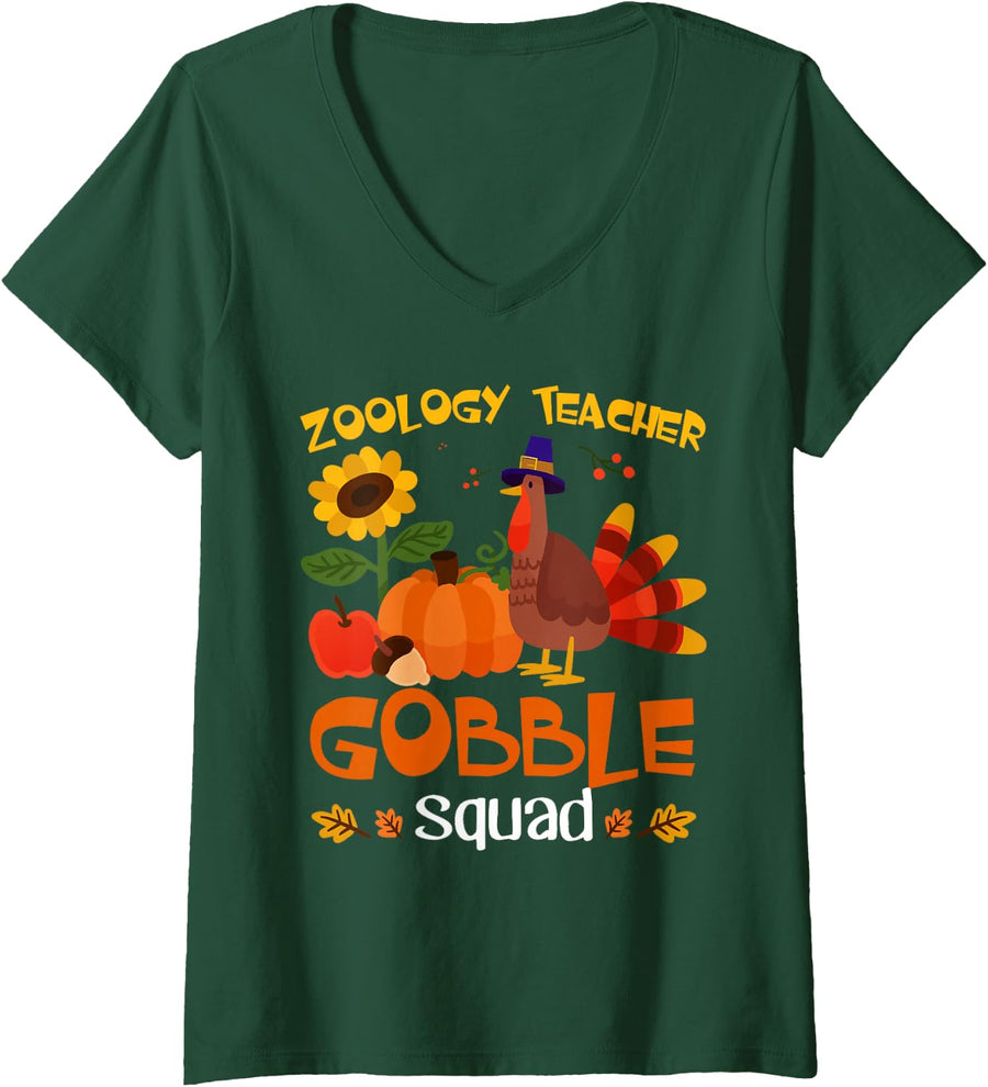 Women's Zoology Teacher Gobble Squad Turkey Thanksgiving V-Neck T-Shirt - Dark Green
