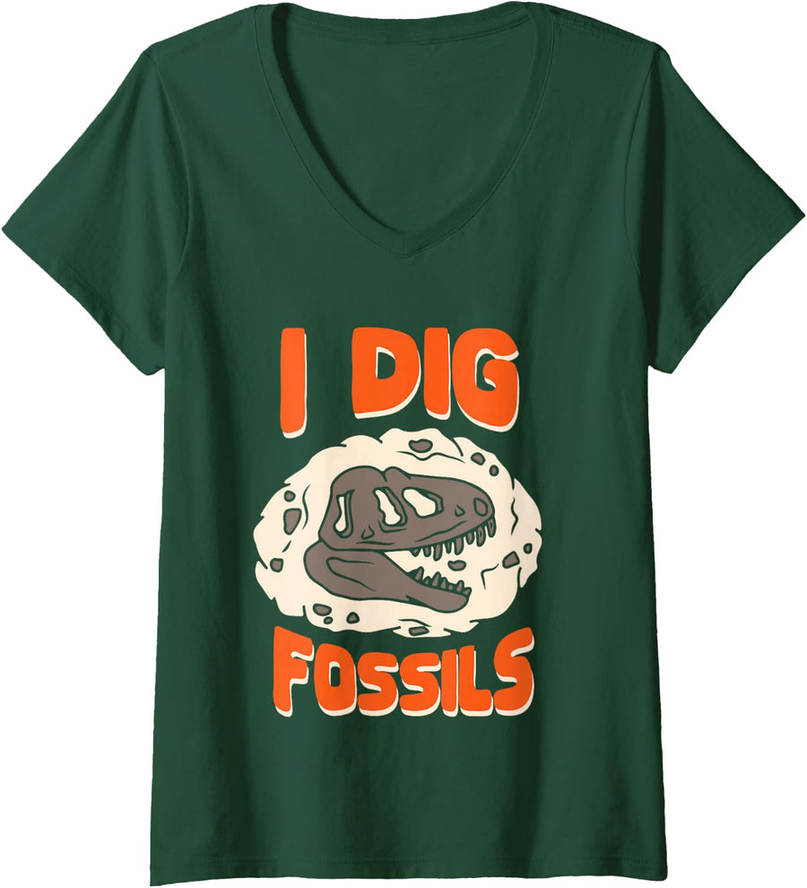 Women's I dig Fossil - Fossil Hunter Hunting Dinosaur Paleontologist V-Neck T-Shirt - Dark Green
