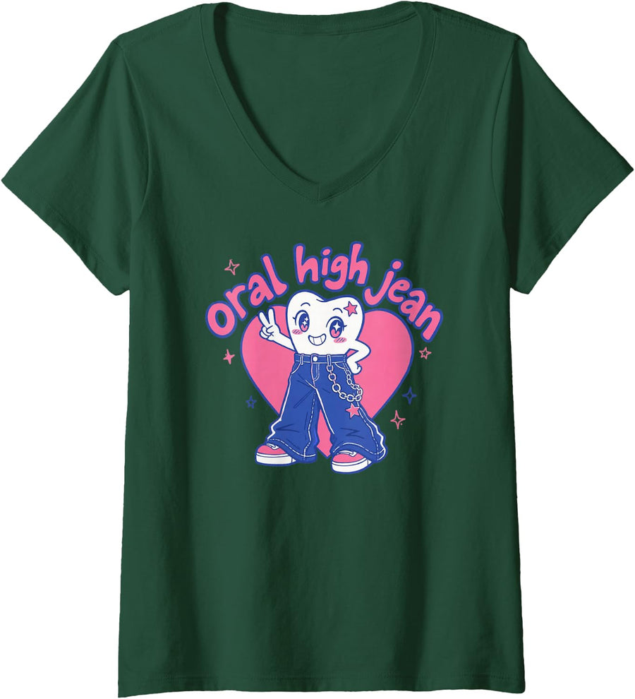 Women's Funny Oral High Jean Tooth Dentist Hygine Smile Humor V-Neck T-Shirt - Dark Green