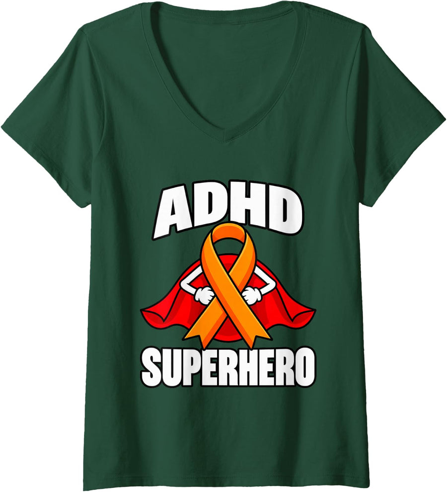 Women's ADHD Superhero Orange Ribbon Awareness Support V-Neck T-Shirt - Dark Green