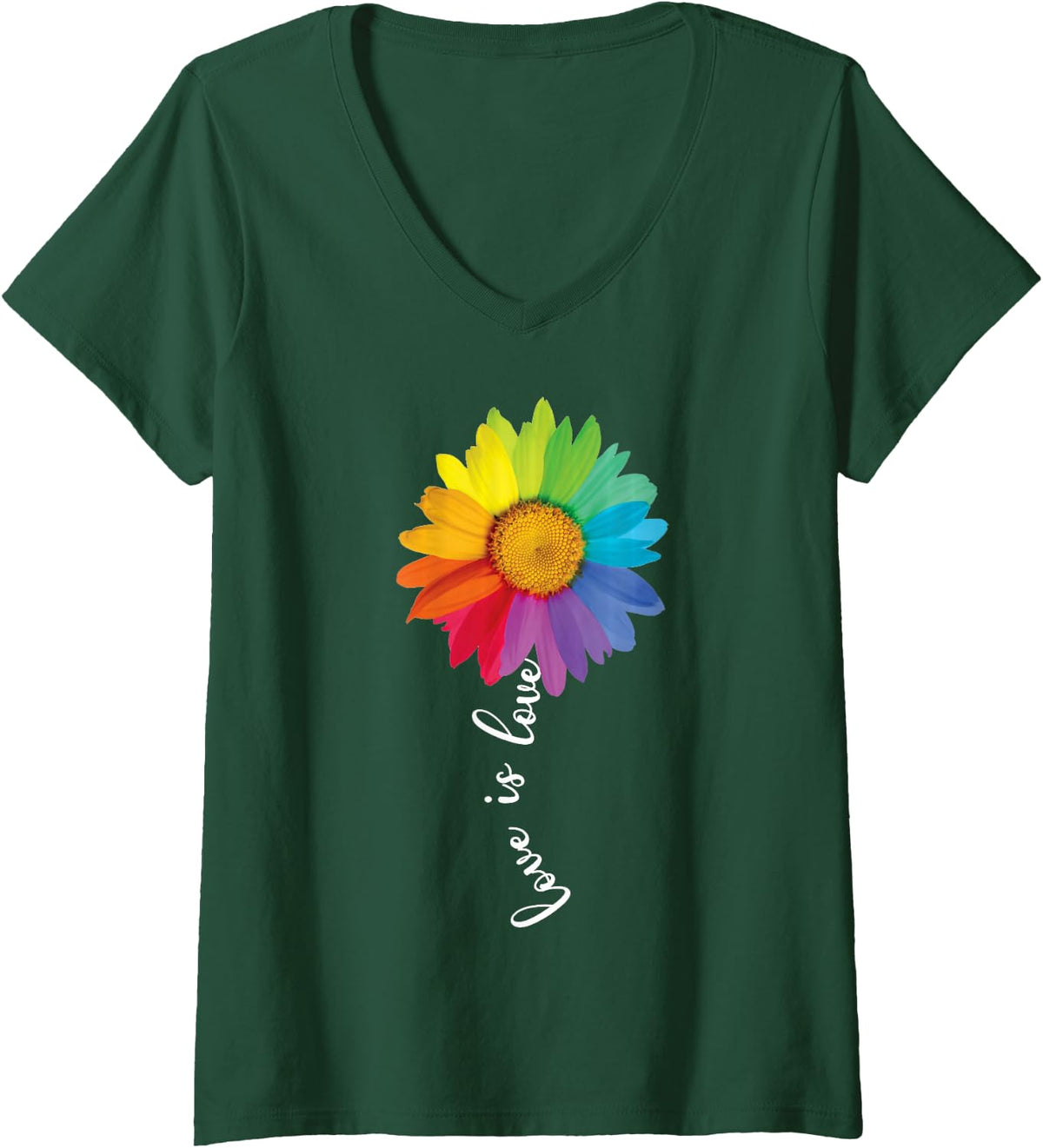 Women's Love Is Love Rainbow Sunflower LGBT Gay Lesbian Pride Month V-Neck T-Shirt - Dark Green