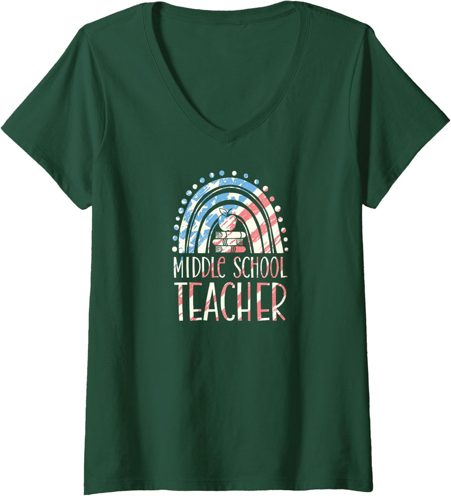 Women's Middle School Teacher Bohemian Rainbow Wholesome Aesthetic V-Neck T-Shirt - Dark Green