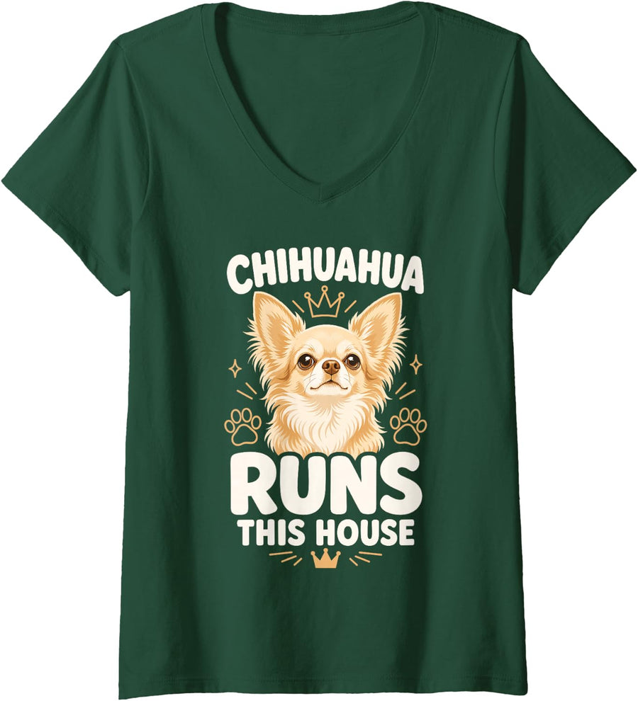 Women's Chihuahua Runs This House Dog Crown Pet Lover V-Neck T-Shirt - Dark Green