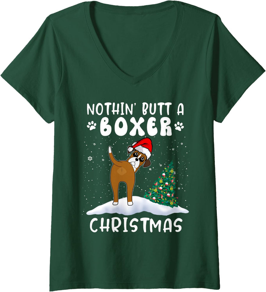 Women's Nothing Butt A Boxer Dog Christmas Funny Xmas V-Neck T-Shirt - Dark Green