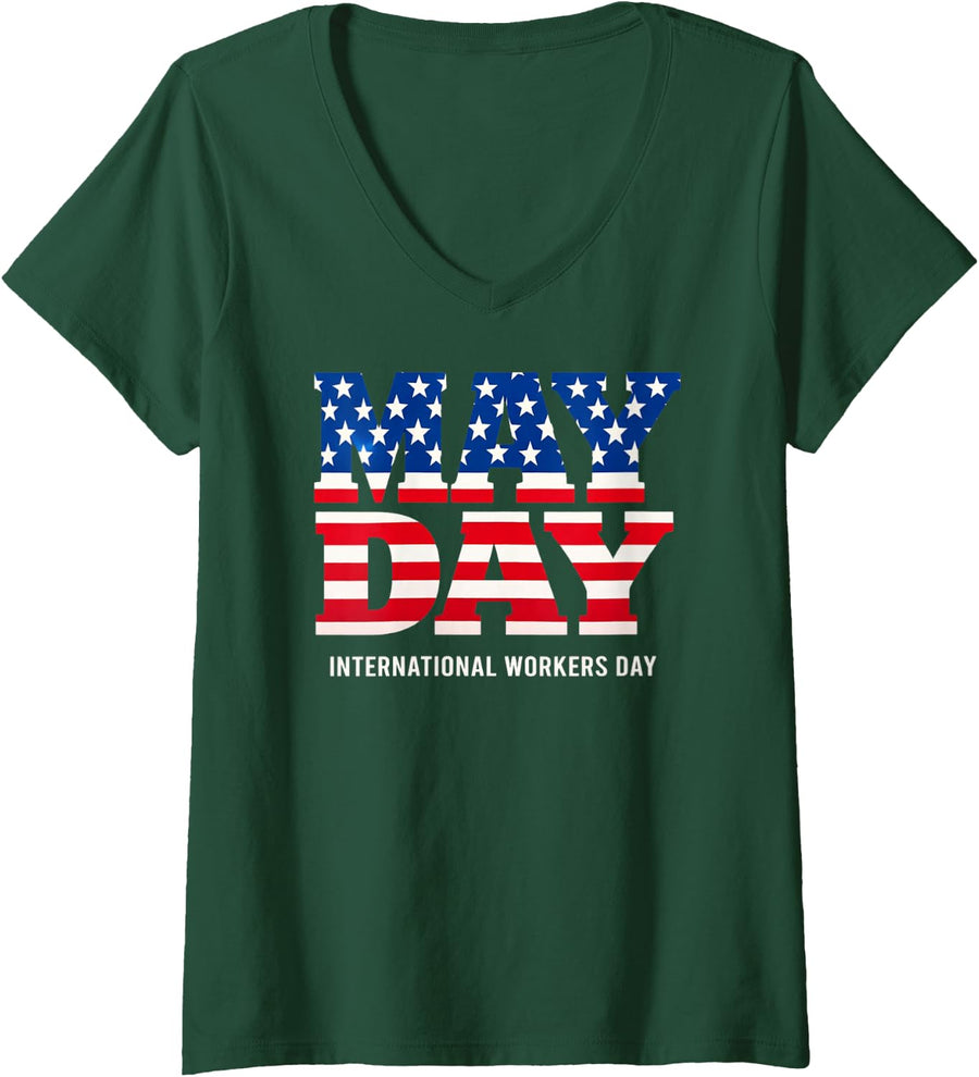 Women's May Day International Workers Day | Patriotic American Flag V-Neck T-Shirt - Dark Green