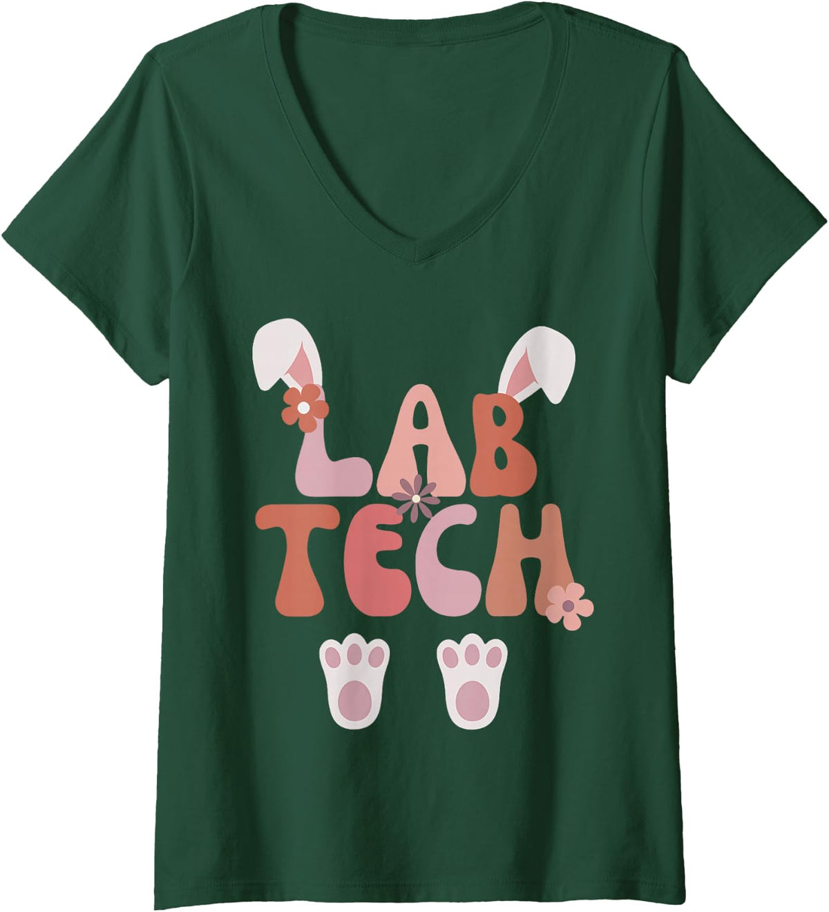 Women's Lab Tech Bunny Easter Laboratory Scientist Easter Teacher V-Neck T-Shirt - Dark Green