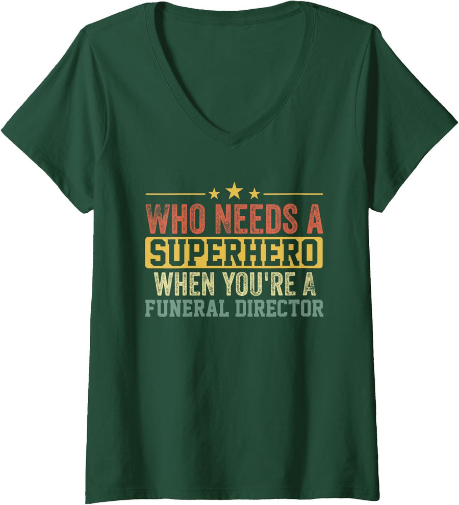 Women's Funny Funeral Director Superhero Vintage Tee for Men Dad V-Neck T-Shirt - Dark Green
