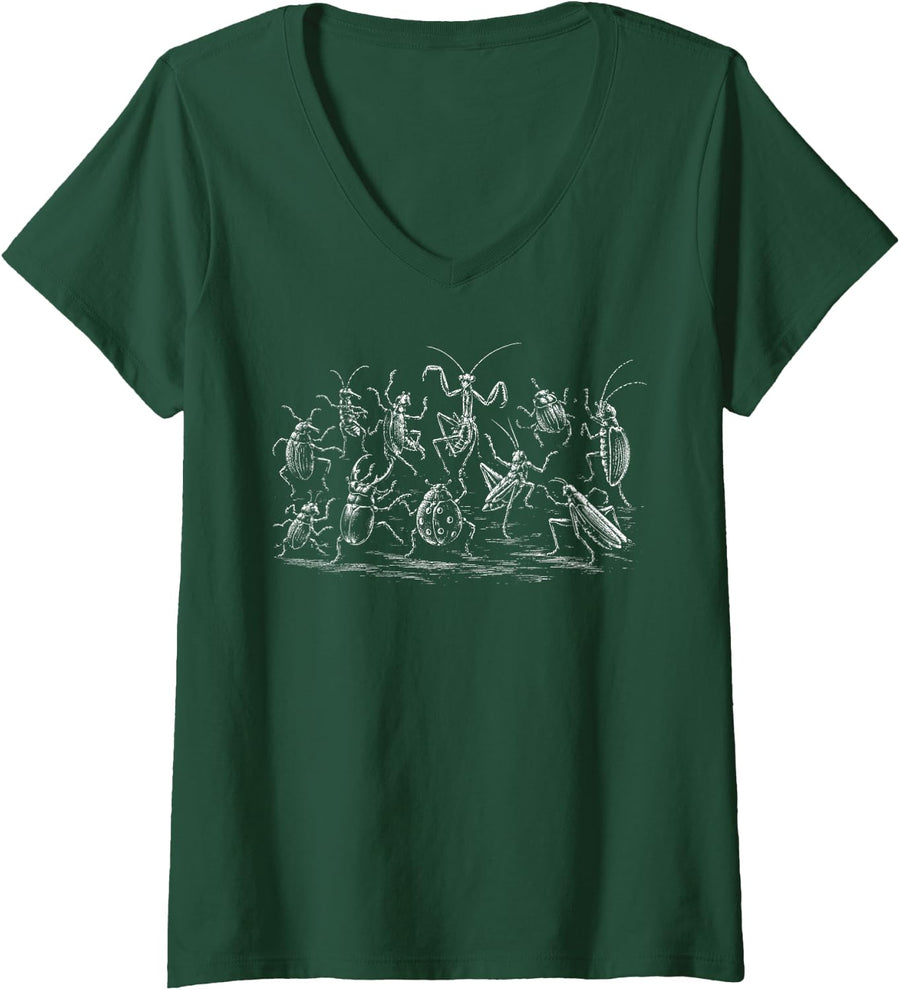 Women's Bugs Music Dancing Insects Biology Garden Entomologist V-Neck T-Shirt - Dark Green