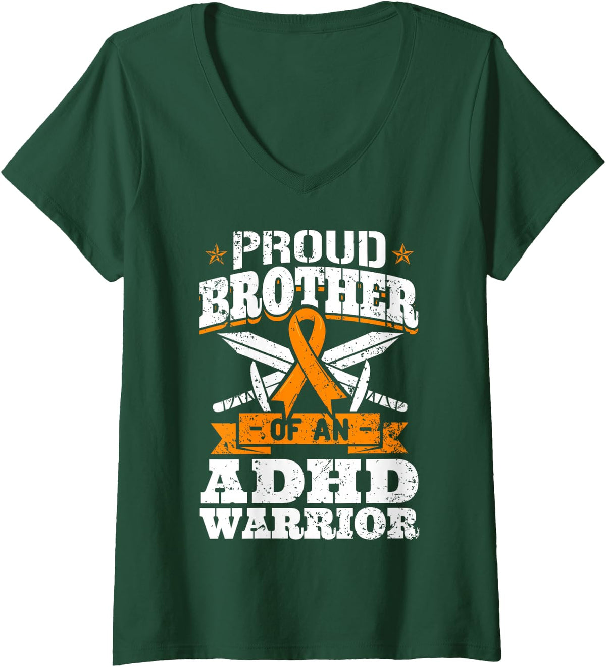 Women's Proud Brother of an ADHD Warrior Attention Deficit Awareness V-Neck T-Shirt - Dark Green