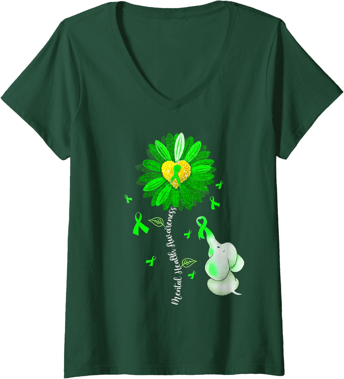 Womens Mental Health Awareness Cute Elephant Green Ribbon Sunflower V-Neck T-Shirt - Dark Green