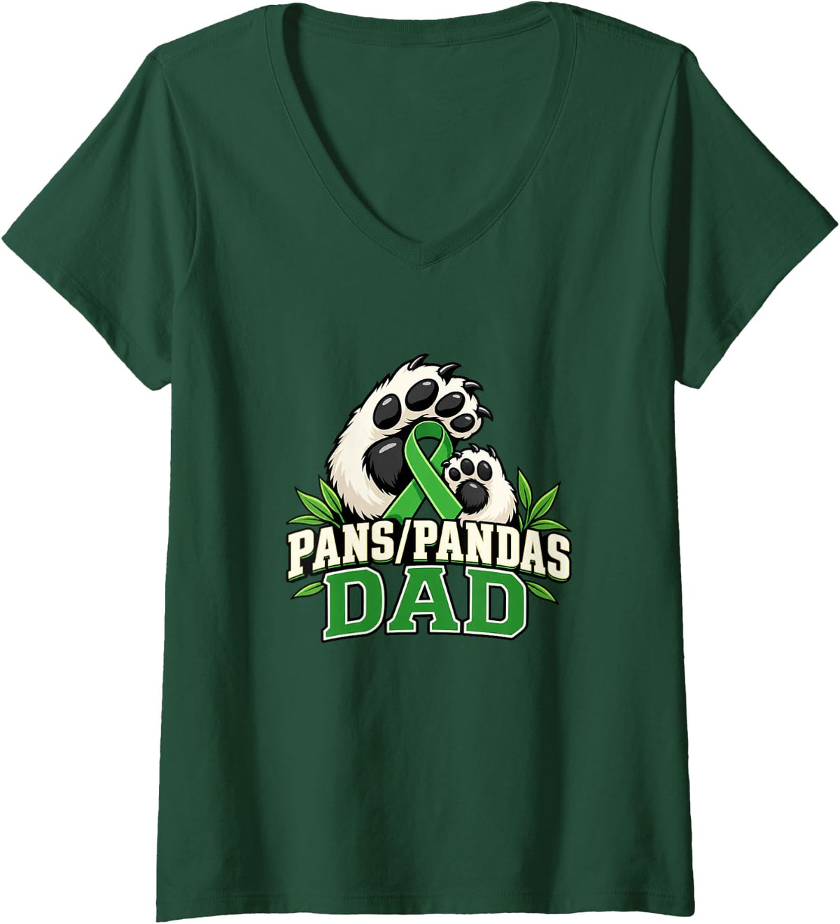 Women's Pans Pandas Awareness Dad Father Panda Paw Leaves V-Neck T-Shirt - Dark Green