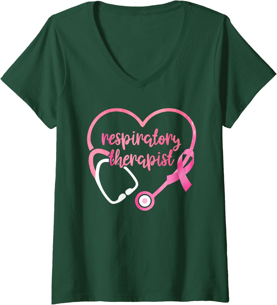 Women's Respiratory Therapist Stethoscope Pink Ribbon Breast Cancer V-Neck T-Shirt - Dark Green