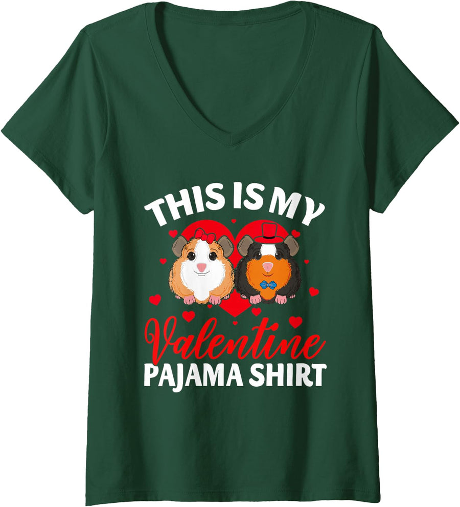 Women's This is My Valentine Pyjama Shirt Guinea Pig V-Neck T-Shirt - Dark Green