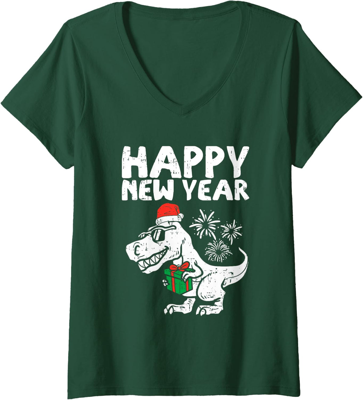 Women's Kids Happy New Year T Rex Dino Dinosaur Christmas Pajamas V-Neck T-Shirt - Dark Green