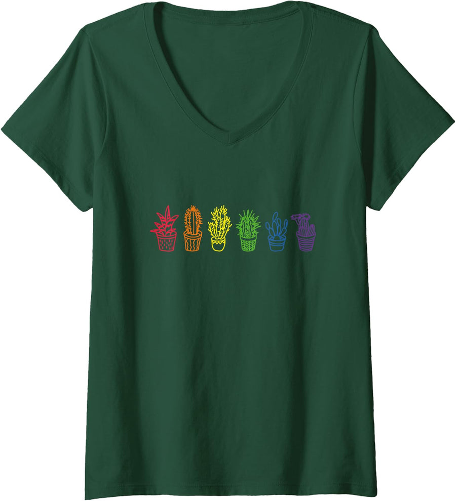 Womens LGBT Flag Cactus Lover Succulent Gardening Pride Rainbow V-Neck T-Shirt - Dark Green