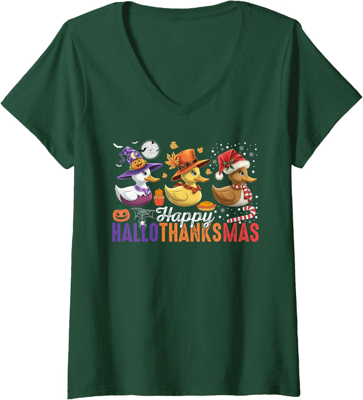 Womens Happy Hallothanksmas Duck Thanksgiving Halloween Christmas V-Neck T-Shirt - Dark Green
