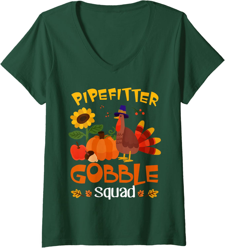 Women's Pipefitter Gobble Squad Turkey Thanksgiving V-Neck T-Shirt - Dark Green