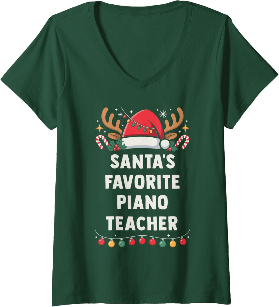 Women's Santa's Favorite Piano Teacher Christmas Concert Band Squad V-Neck T-Shirt - Dark Green