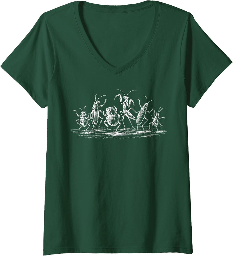 Women's Bugs Music Insect Orchestra Entomologist Biology Nature V-Neck T-Shirt - Dark Green