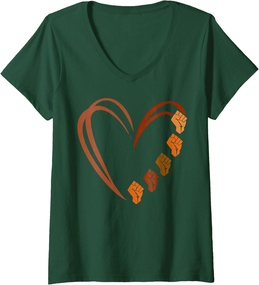 Women's Inspiring Black Leaders Power Fist Hand Black History Month V-Neck T-Shirt - Dark Green