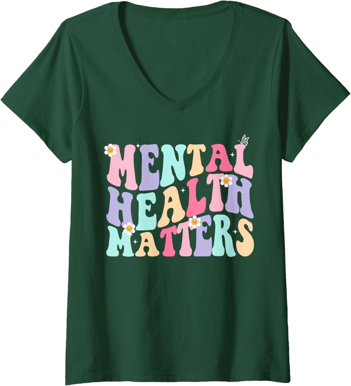 Women's Mental Health Matters Groovy End The Stigma V-Neck T-Shirt - Dark Green