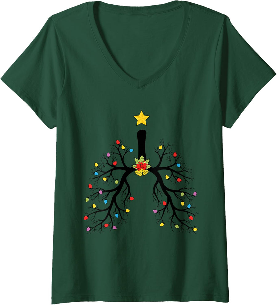 Women's Respiratory Therapist Christmas Tree Lights Pulmonologist V-Neck T-Shirt - Dark Green