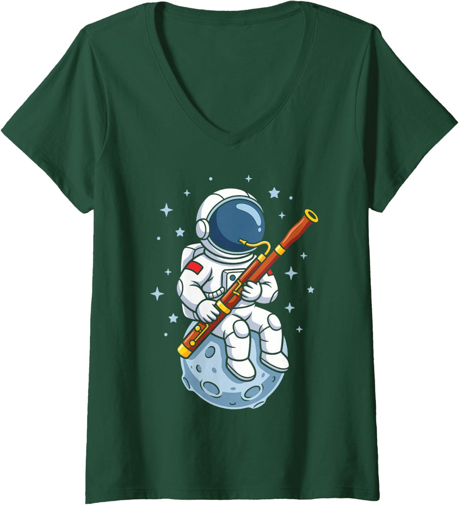 Women's Astronaut Playing Bassoon Funny Space Musician Bassoonist V-Neck T-Shirt - Dark Green