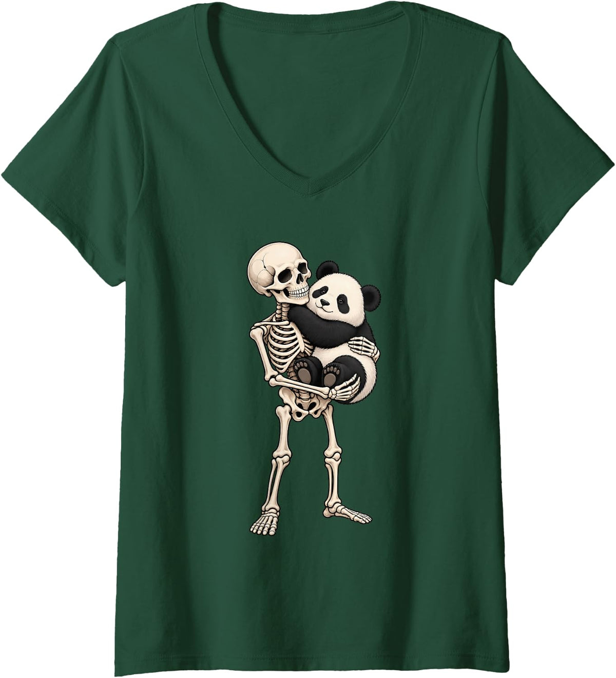 Women's Skeleton Holding Panda Bear Funny Halloween V-Neck T-Shirt - Dark Green
