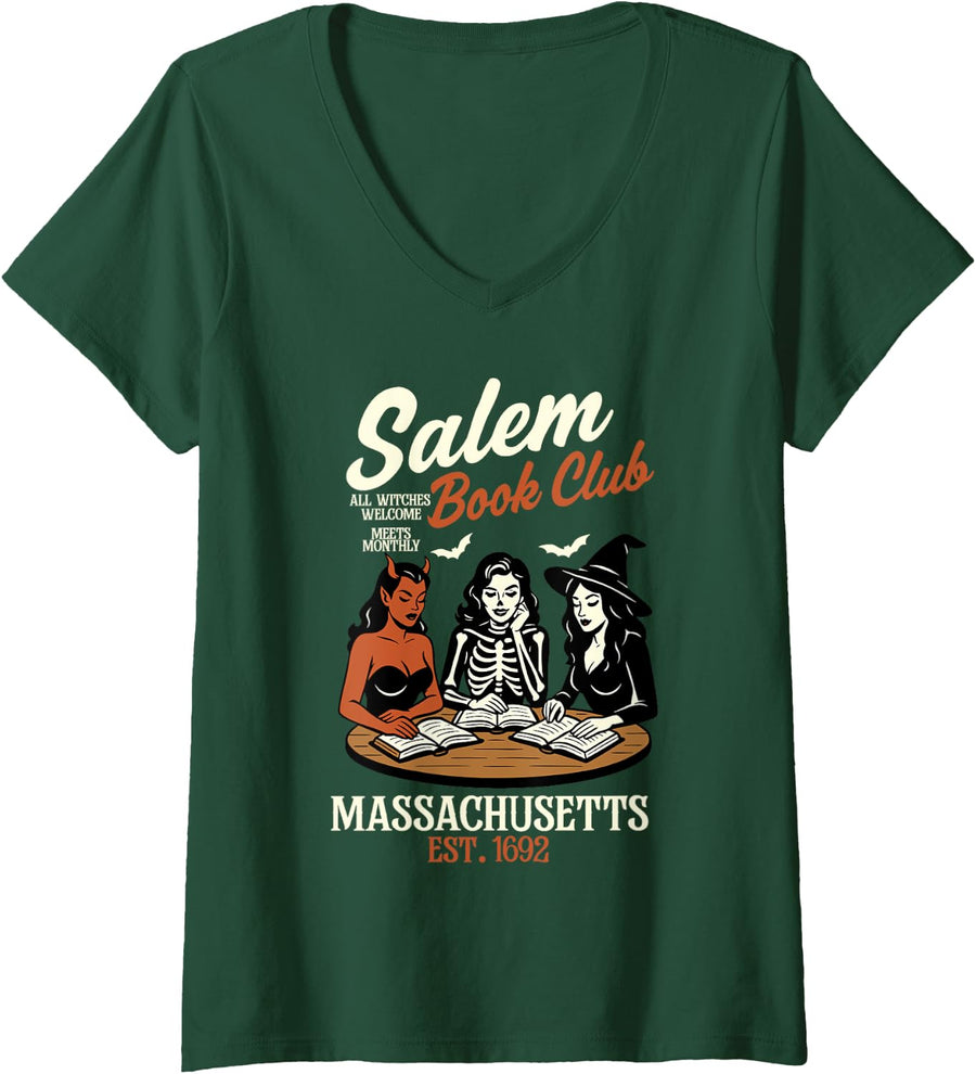 Womens Vintage Salem Book Club Black Cat Bookish Spooky Halloween V-Neck T-Shirt - Dark Green