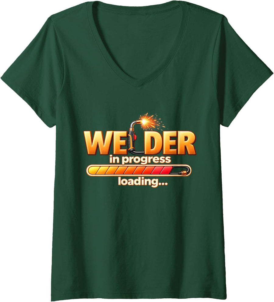Women's Welder in Progress Loading Welding Apprentice Student V-Neck T-Shirt - Dark Green