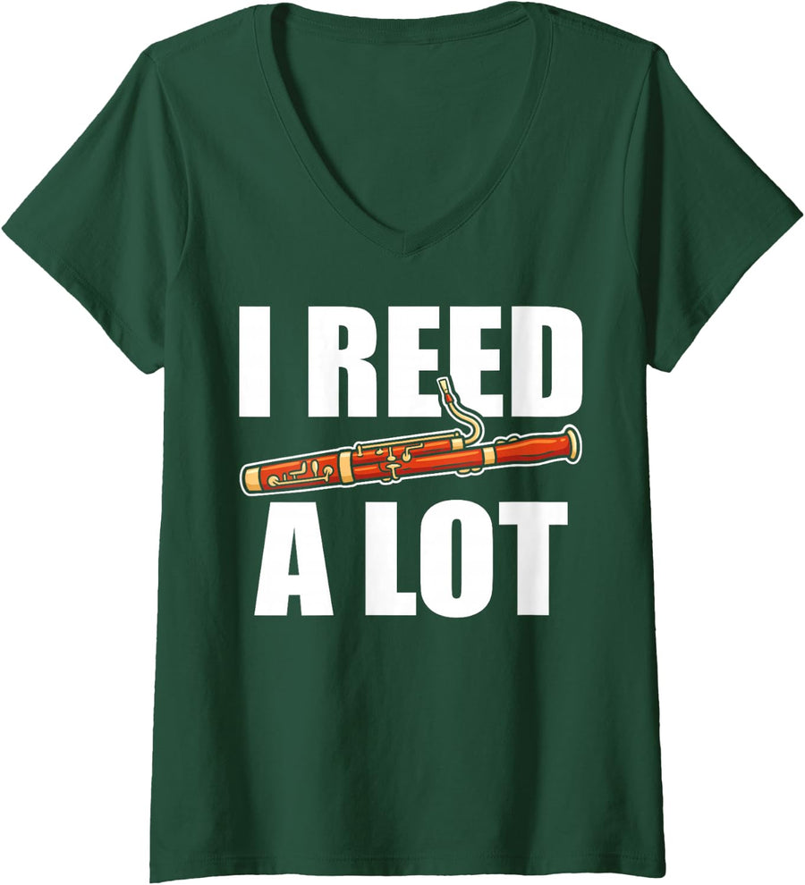 Women's I Reed A Lot Funny Bassoon Player Double Reed Musician Humor V-Neck T-Shirt - Dark Green
