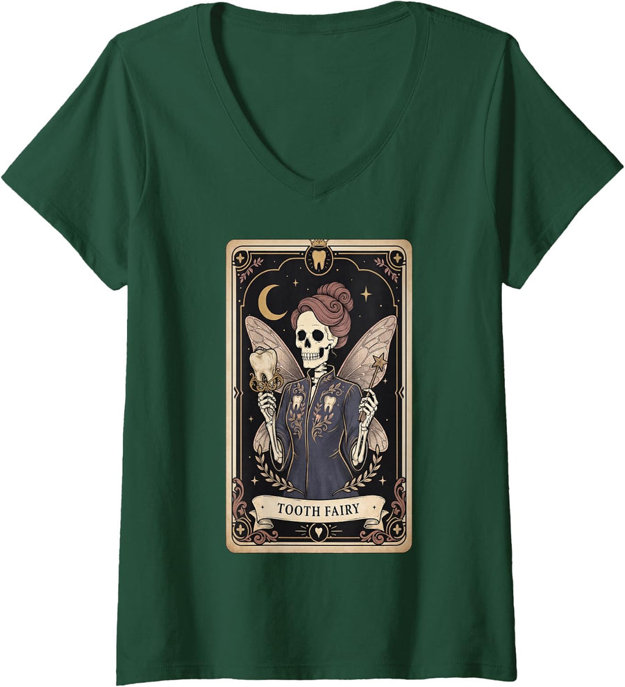 Women's Skeleton Tarot Tooth Fairies Hygienist Dentist Tooth Fairy V-Neck T-Shirt - Dark Green