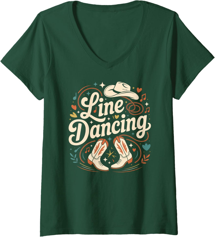Women's Shine Dancing Country Western Line Dance V-Neck T-Shirt - Dark Green