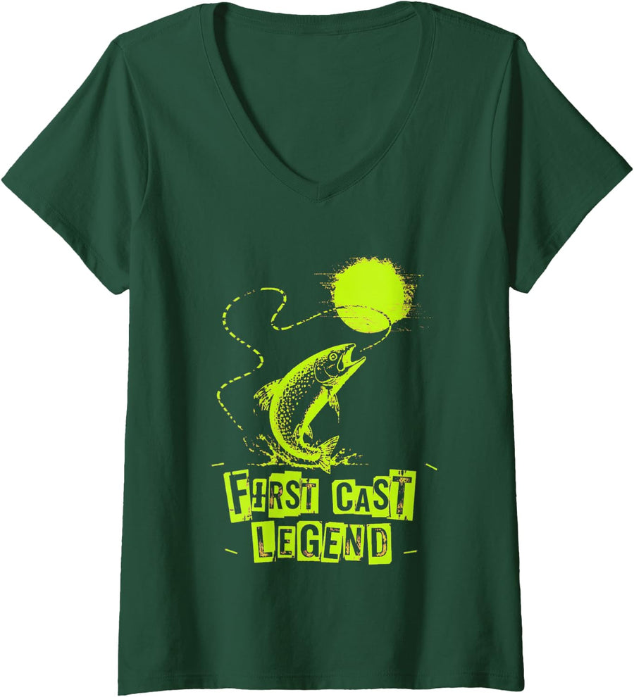 Women's First CAST Legend Grunge Fly Fisherman Art V-Neck T-Shirt - Dark Green