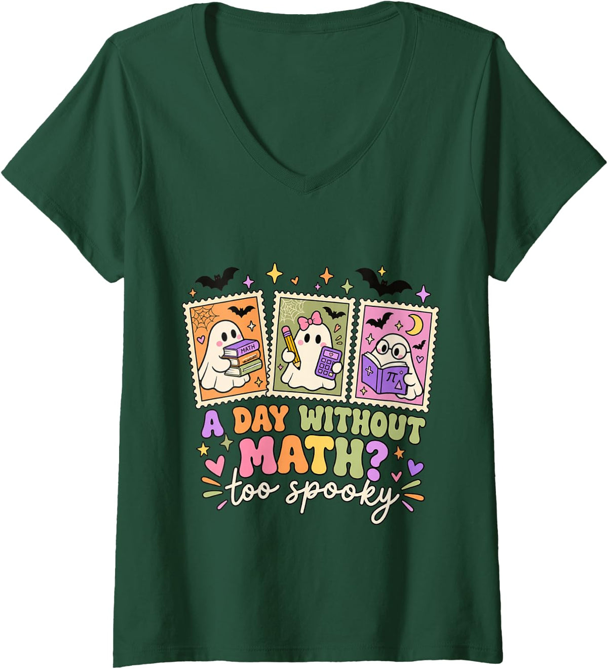 Women's Halloween Math Teacher Ghosts Funny Classroom Math V-Neck T-Shirt - Dark Green