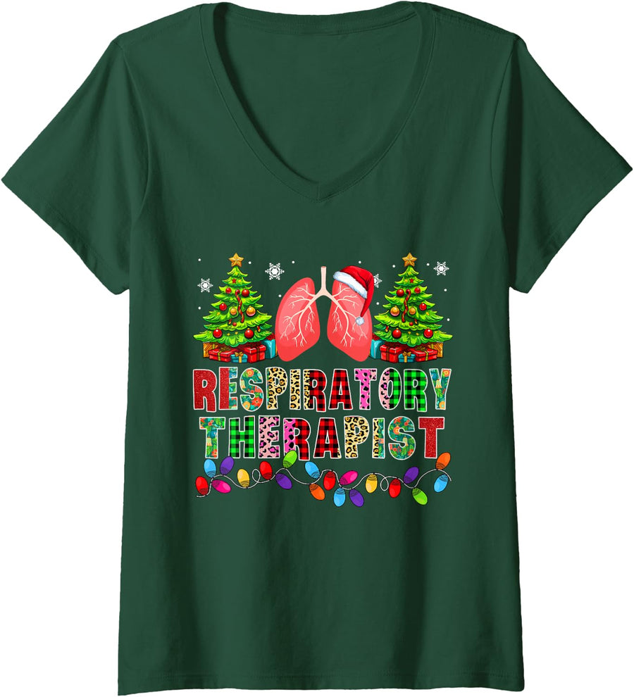 Women's Respiratory Therapist Christmas Tree Costume Santa Proud Job V-Neck T-Shirt - Dark Green