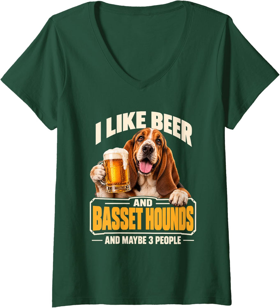 Women's I Like Beer and Basset Hounds and Maybe 3 People Funny Dog V-Neck T-Shirt - Dark Green