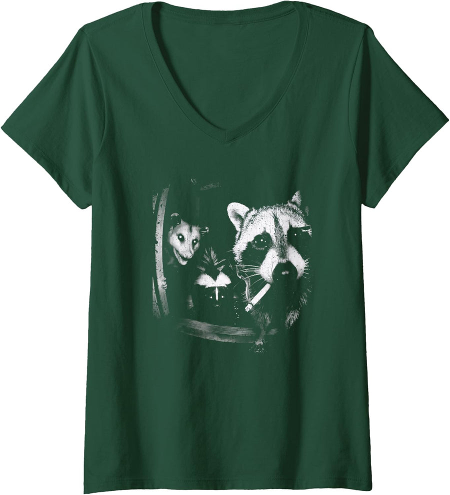 Women's Trash Panda Night Crew V-Neck T-Shirt - Dark Green