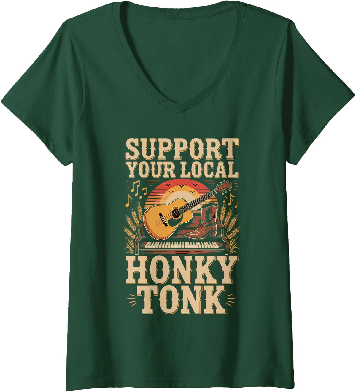 Women's Support Your Local Honky Tonk Country Music Line Dancing V-Neck T-Shirt - Dark Green