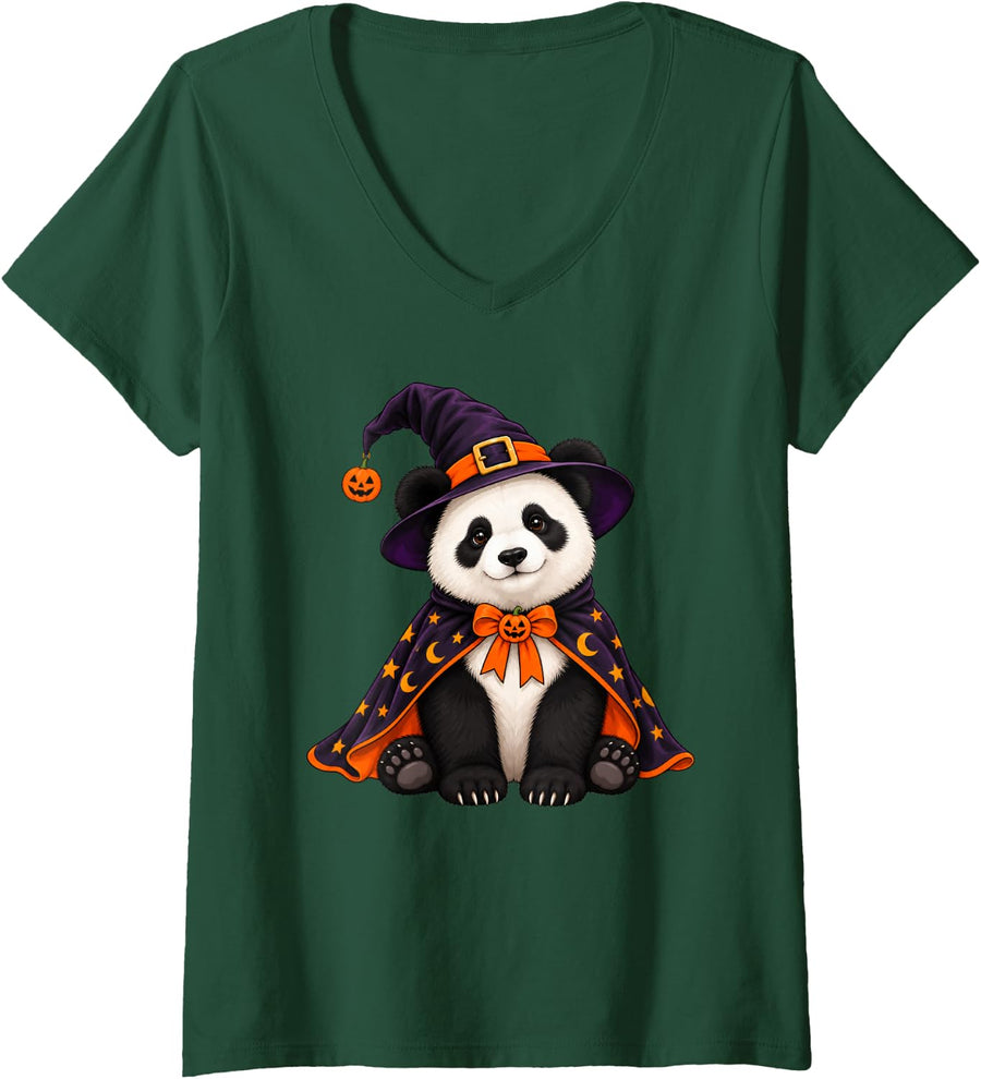 Women's Panda Bear Dressed As A Witch Halloween V-Neck T-Shirt - Dark Green