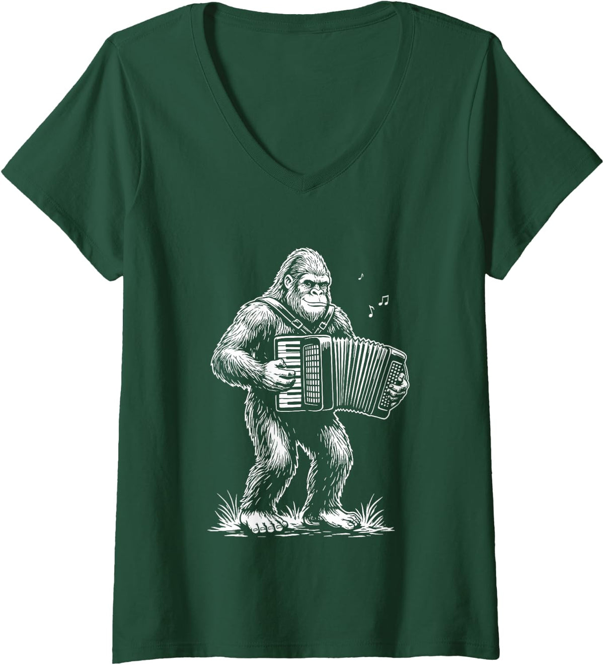 Women's Sasquatch Accordion Teacher Bigfoot Conjunto Cajun Musician V-Neck T-Shirt - Dark Green