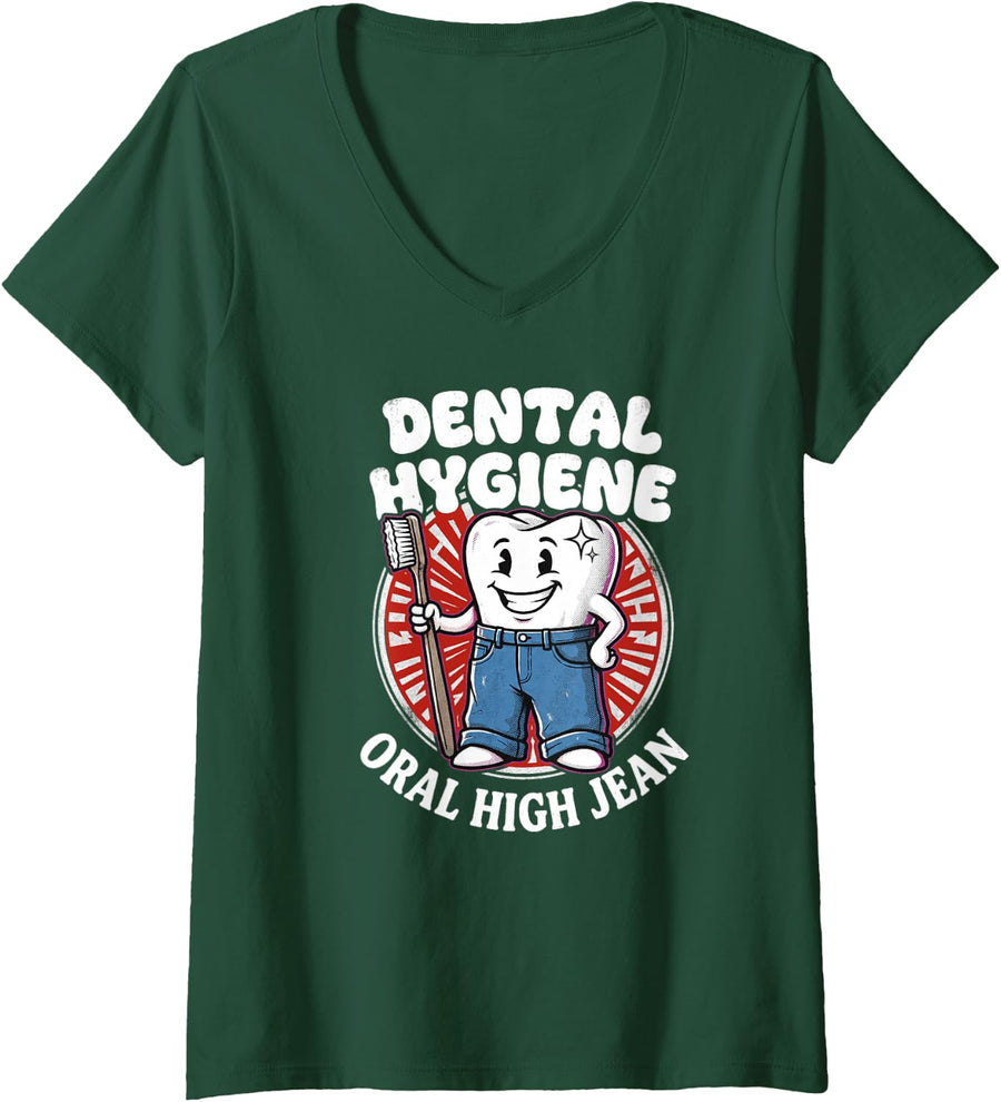 Women's Dental Hygiene Oral High Jean Toothbrush Humor V-Neck T-Shirt - Dark Green